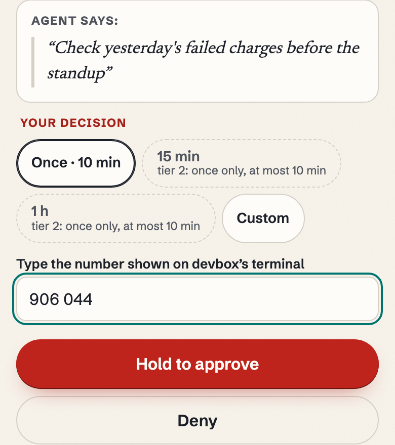 The same request after the number was typed: Agent says "Check yesterday's failed charges before the standup"; Your decision: Once · 10 min selected, 15 min and 1 h disabled ("tier 2: once only, at most 10 min"); 906 044 typed into "Type the number shown on devbox's terminal"; Hold to approve; Deny; This wasn't me.